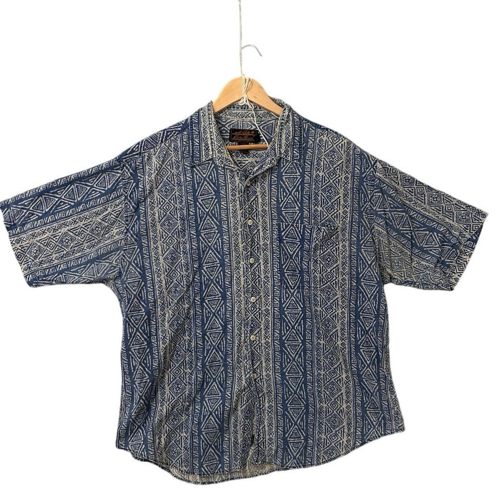 Vintage Eddie Bauer‎ Outdoor Outfitters Shirt XL Blue Geometric Tribal Print